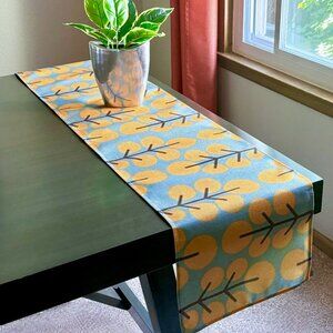 72" L Geometric Blue-Gray Orange Mod Modern Fall Autumn Trees Table Runner New